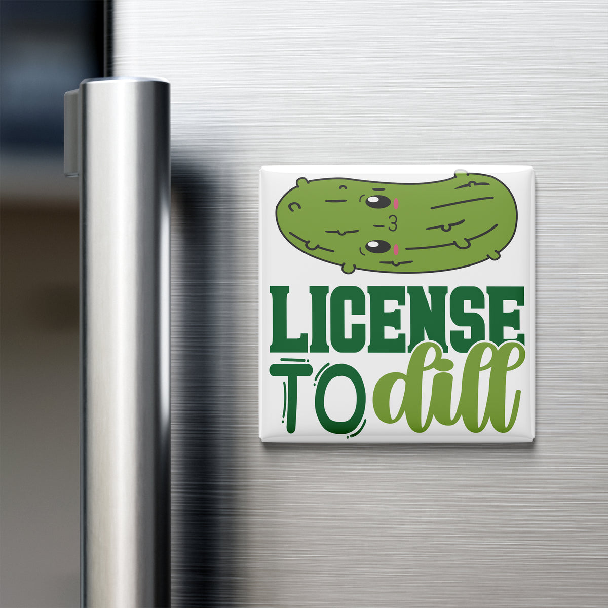 A refrigerator door with a humorous license plate magnet that says "License to dill".