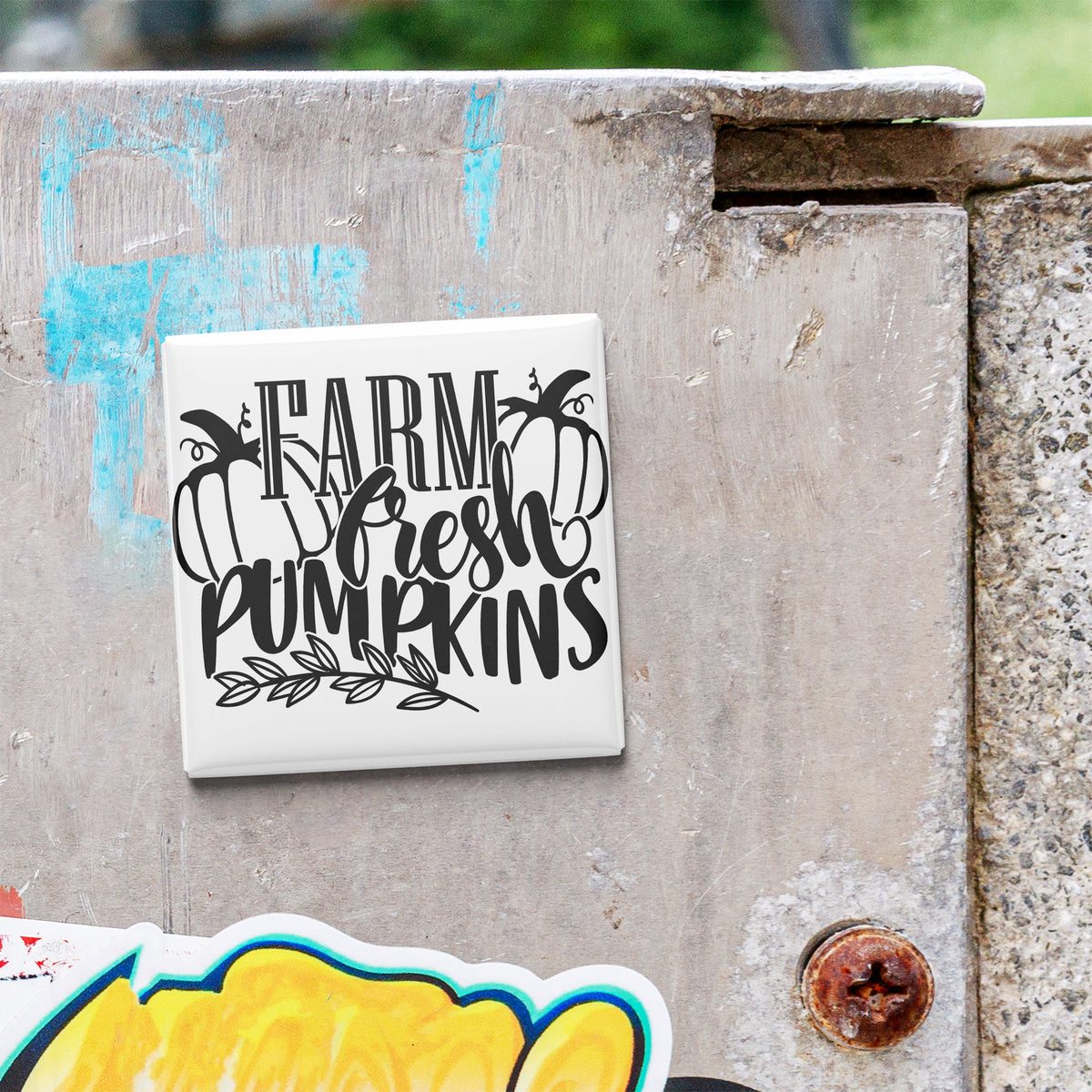 a white tile with the text "FARM FRESH PUMPKINS" written on it, which is attached to a concrete wall.