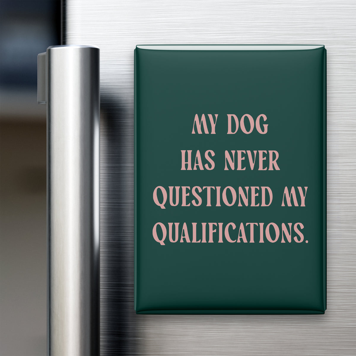 “My dog has never questioned my qualifications.” quote magnet displayed on a refrigerator