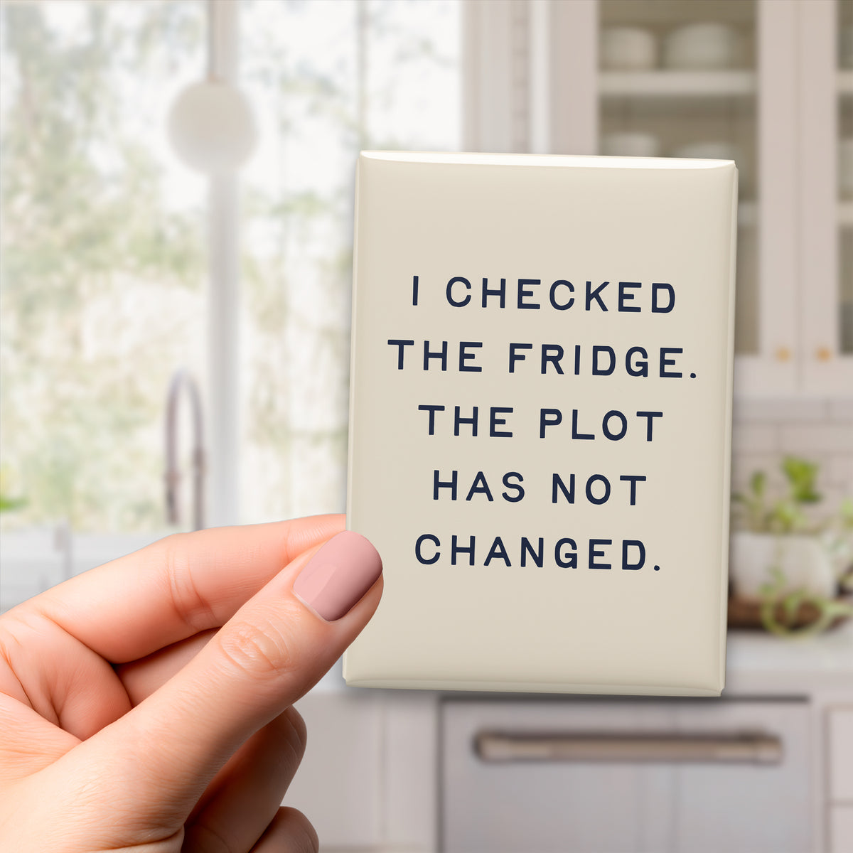 Hand holding the 2.5 × 3.5-inch “I checked the fridge. The plot has not changed.” magnet in a kitchen
