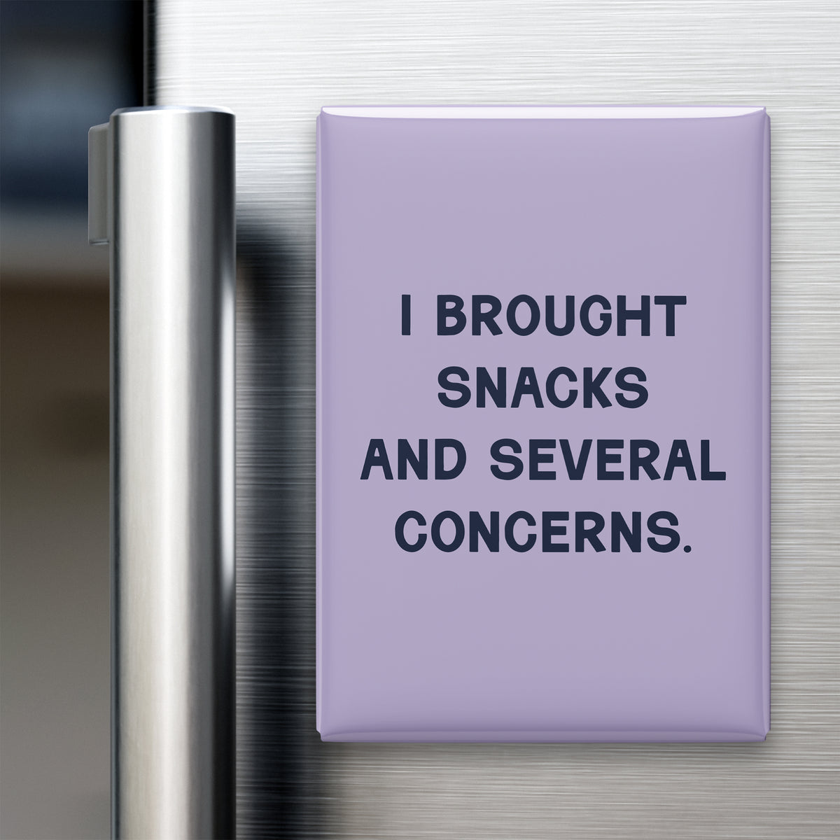 “I brought snacks and several concerns.” quote magnet displayed on a refrigerator