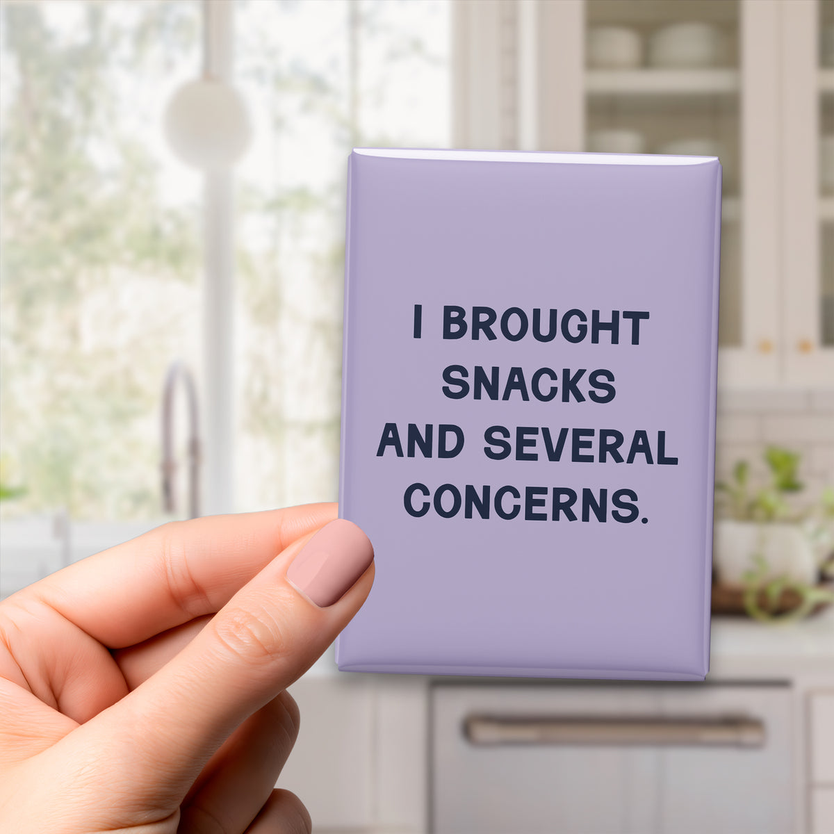 Hand holding the 2.5 × 3.5-inch “I brought snacks and several concerns.” magnet in a kitchen