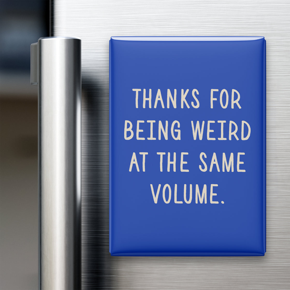 “Thanks for being weird at the same volume.” quote magnet displayed on a refrigerator