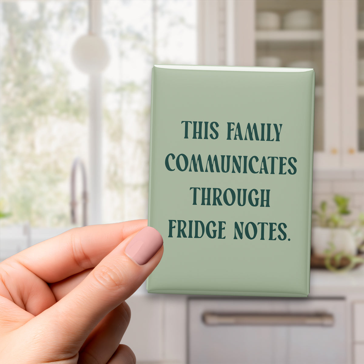 Hand holding the 2.5 × 3.5-inch “This family communicates through fridge notes.” magnet in a kitchen