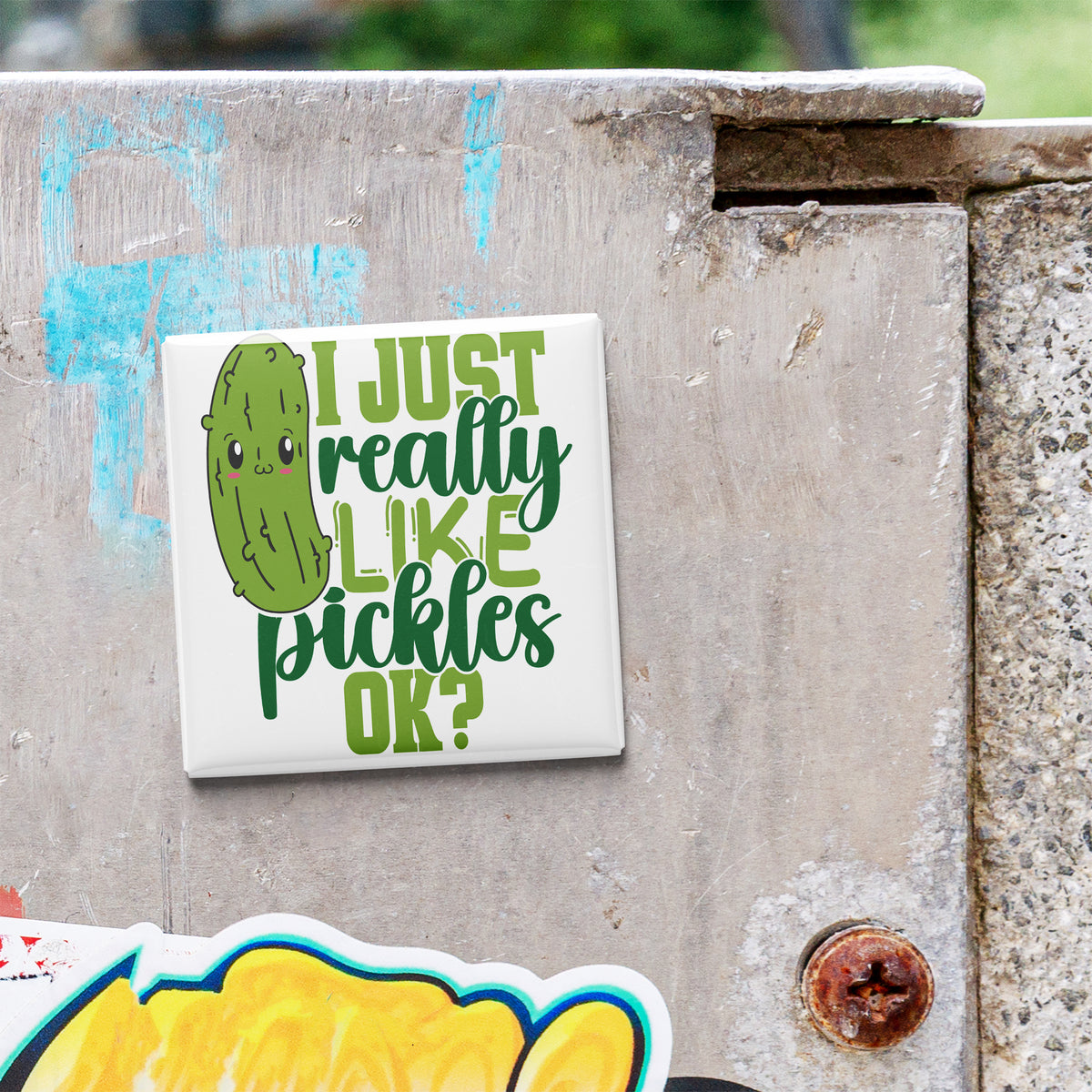 A sticker with a cartoon pickle and the text "I JUST REALLY LIKE PICKLES OK?" is attached to a concrete surface.