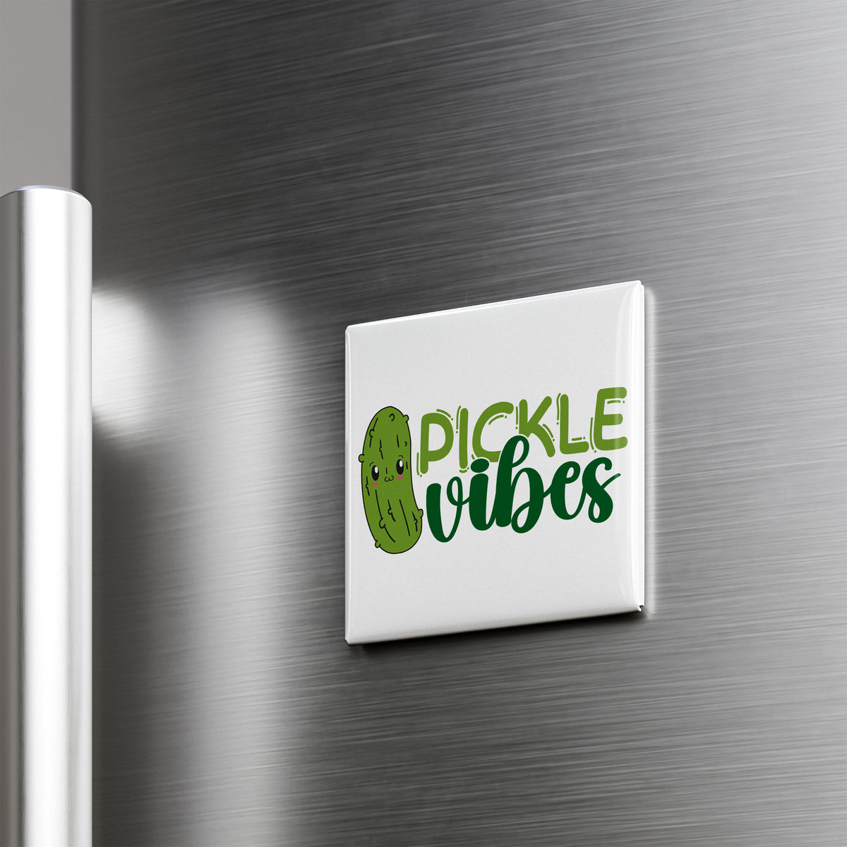 A white refrigerator door with a green and white sticker that says "Pickle Vibes".