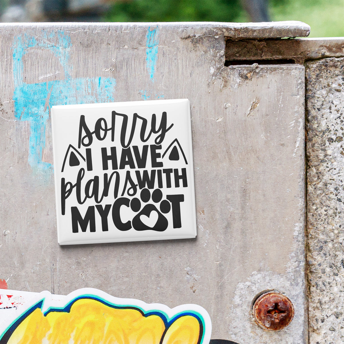 a sticker with the text "Sorry I HAVE plans with MY cat" on a metal surface.
