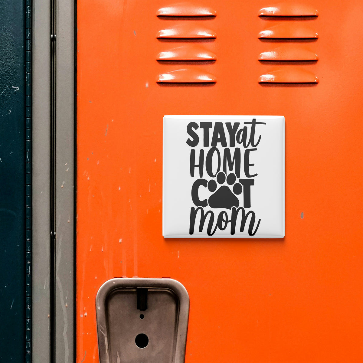 a red locker with a sticker that says "Stay at Home with a Cat Mom".