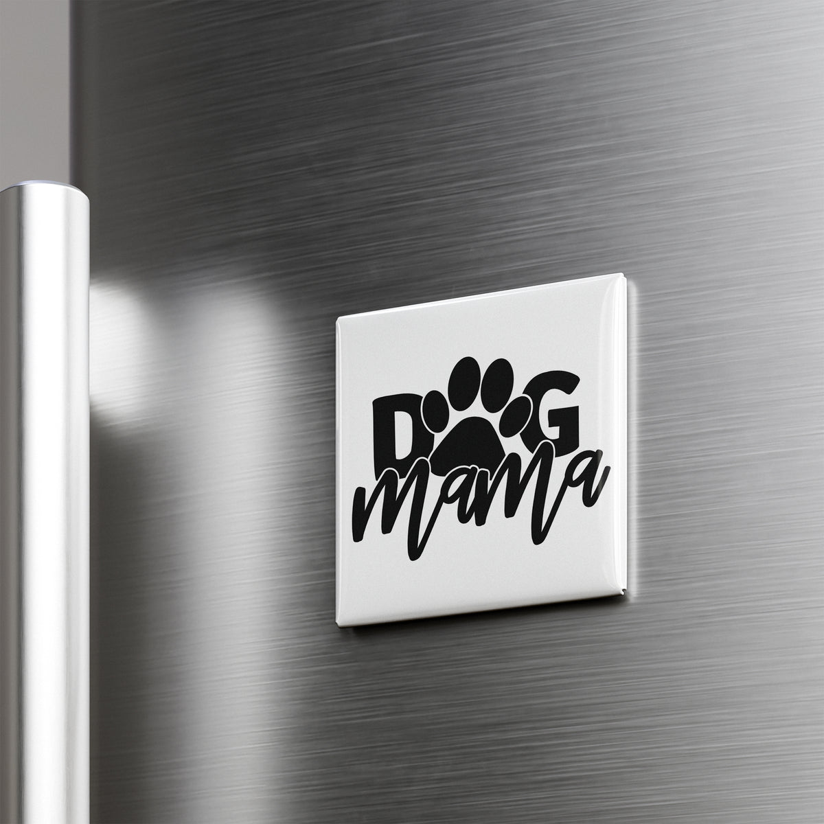 A white refrigerator with a black and white sticker that says "dog mama" on it.