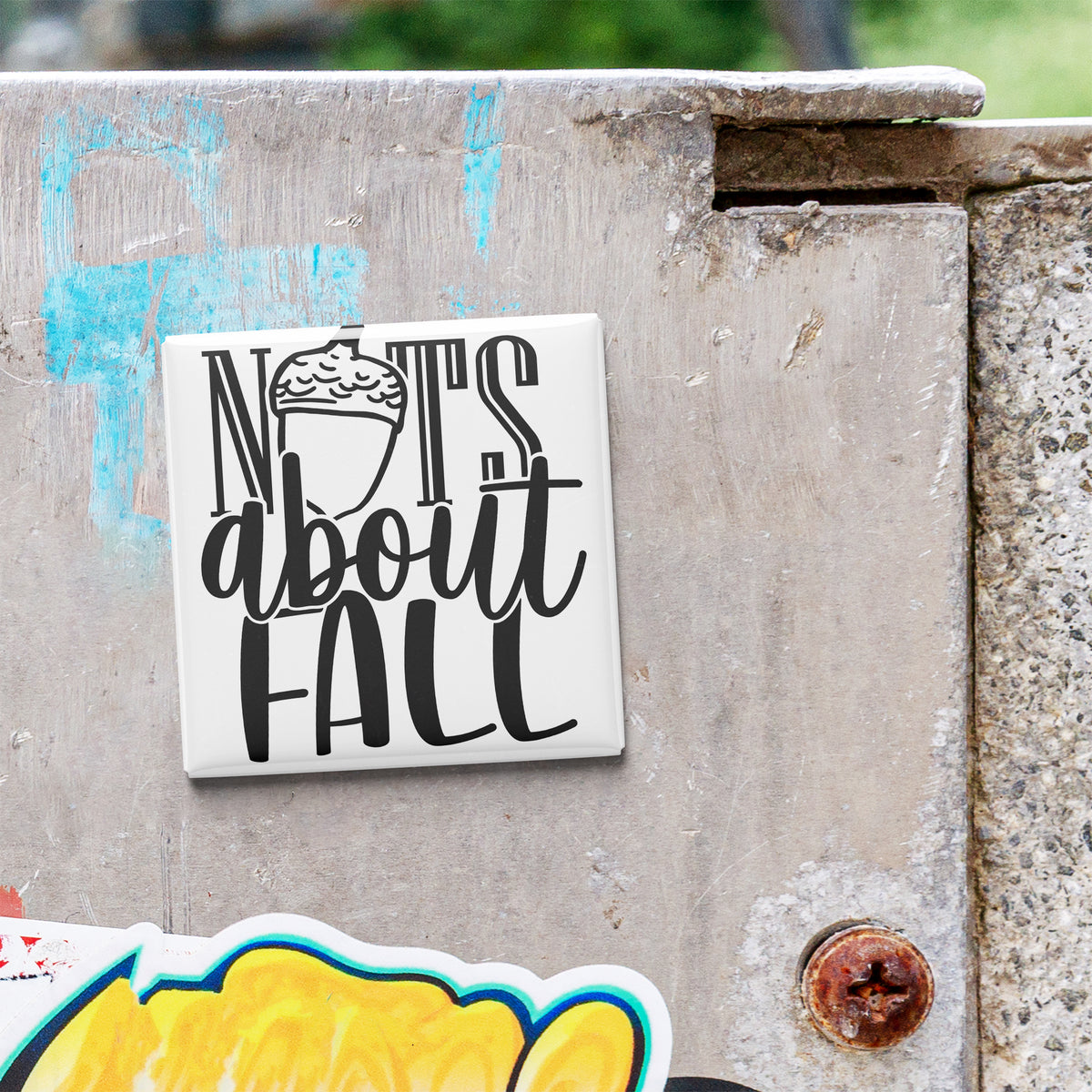a sticker with the text "NOTS about FALL" on a concrete surface.