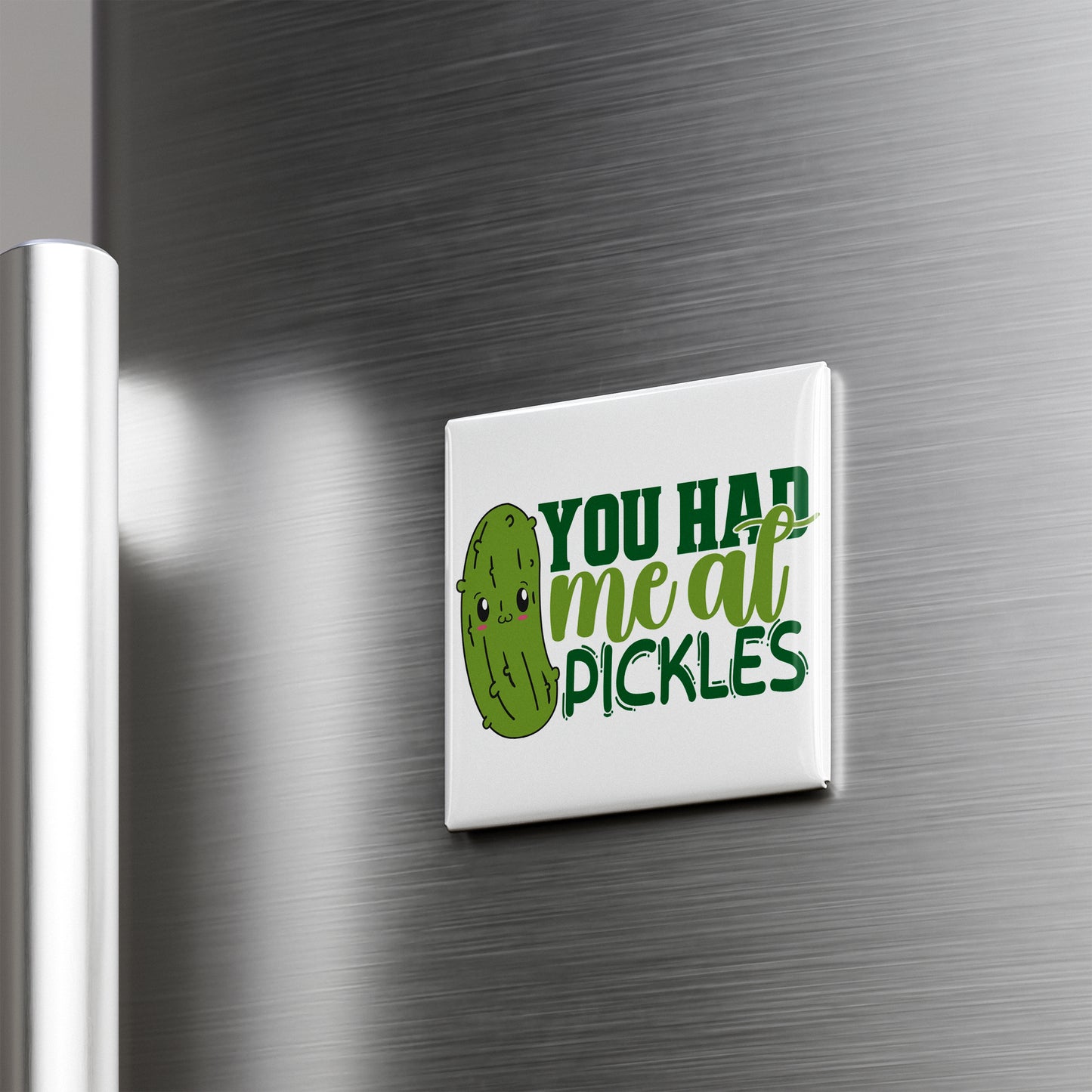 A refrigerator door with a humorous text sticker that reads "YOU HAD MEAT PICKLES".