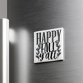 A white refrigerator with a black and white graphic that says "HAPPY FALL Y'ALL" on it.