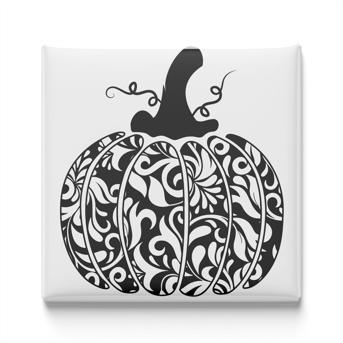 A black and white illustration of a pumpkin with a stylized, intricate design on its surface.