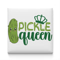 a green pickle with a crown on it, accompanied by the text "Pickle queen" in a stylized font.