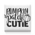 the text "Pumpkin patch cutie" in a stylized font, with a pumpkin illustration to the right of the text.