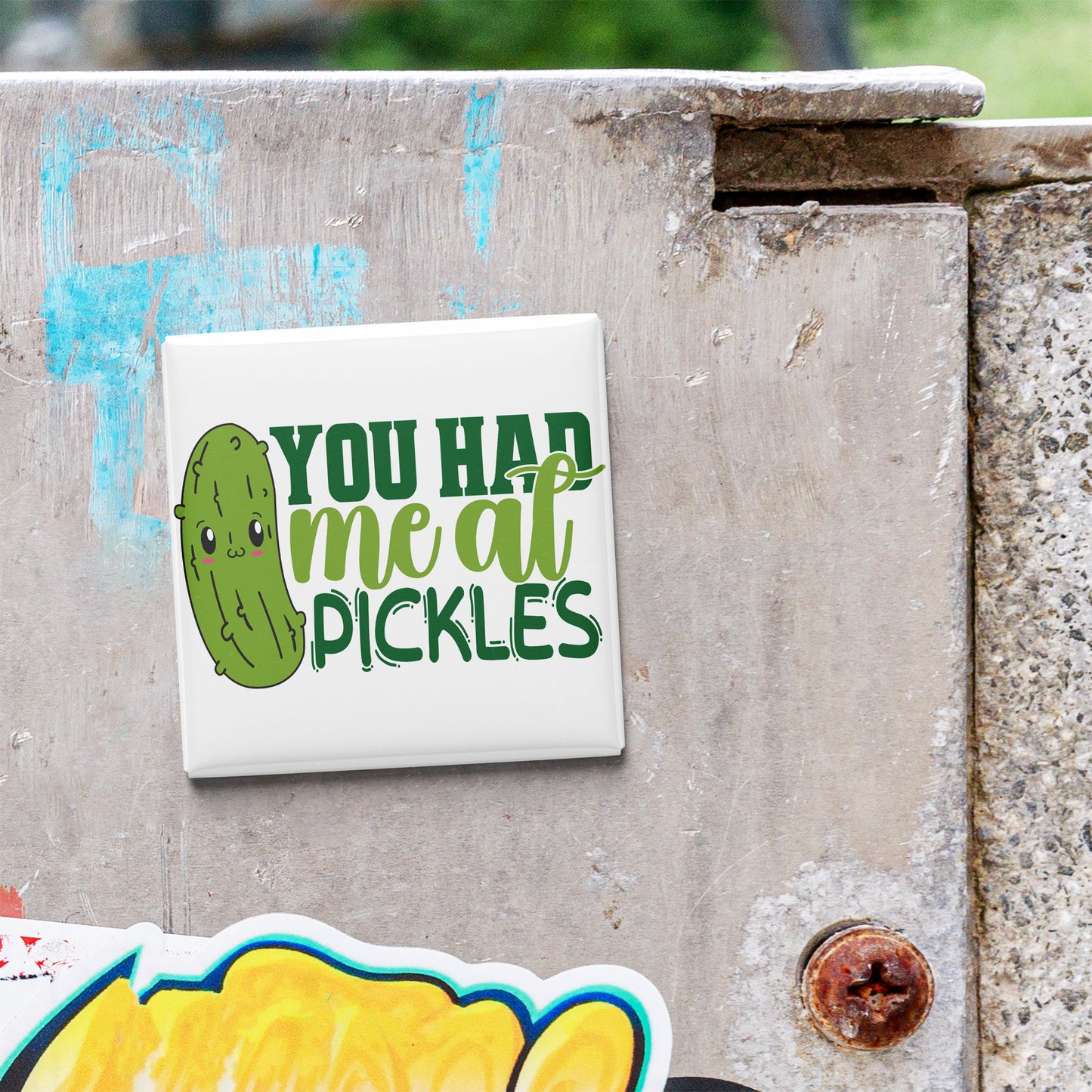 A sticker with a cartoon pickle and the text "YOU HAD ME ALL PICKLES" is attached to a concrete surface.