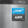 A blue and black sign on a stainless steel surface, with the words "CLEAN" and "Dirty" written on it.