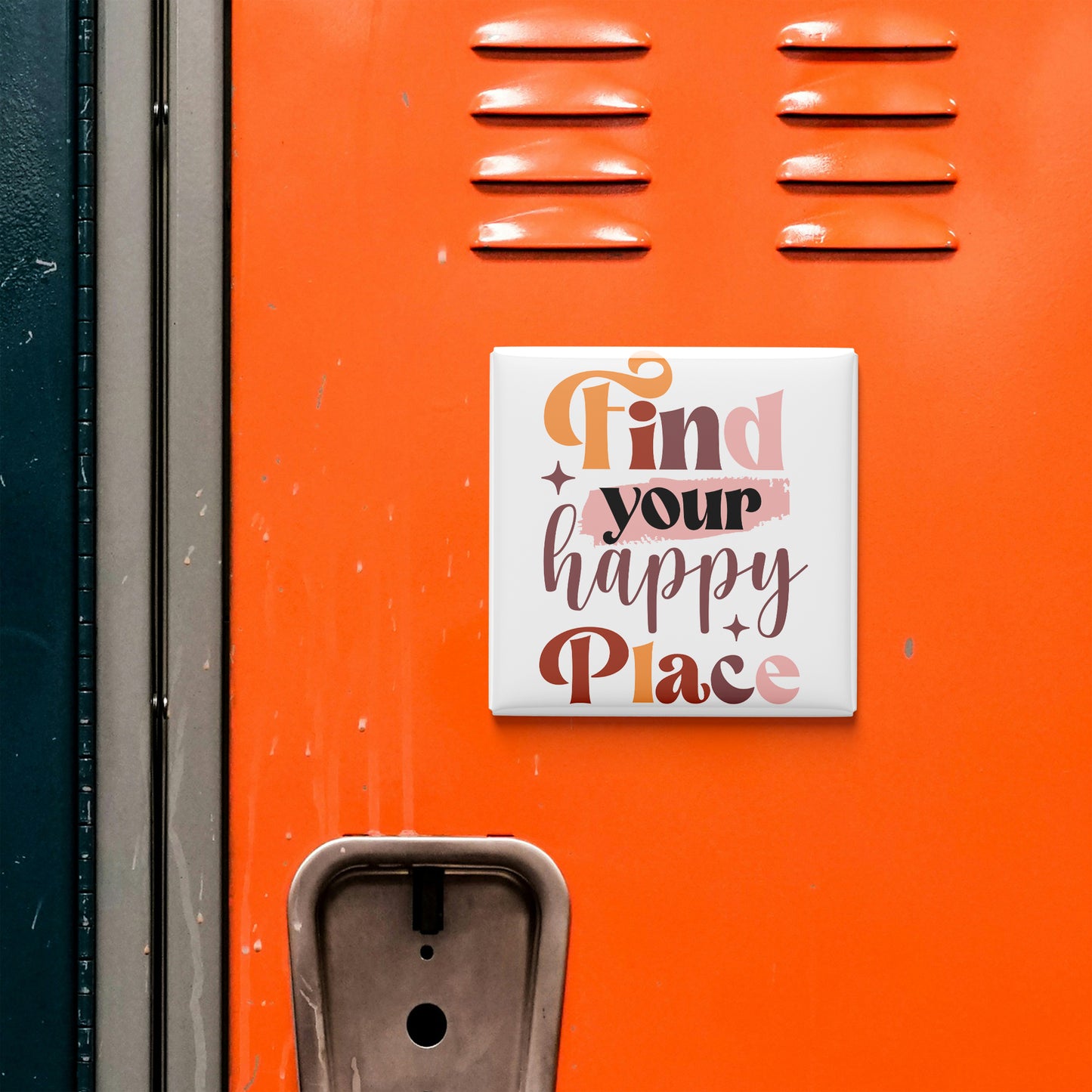 a vibrant orange wall with a motivational quote in the center, which reads "Find your happy place".