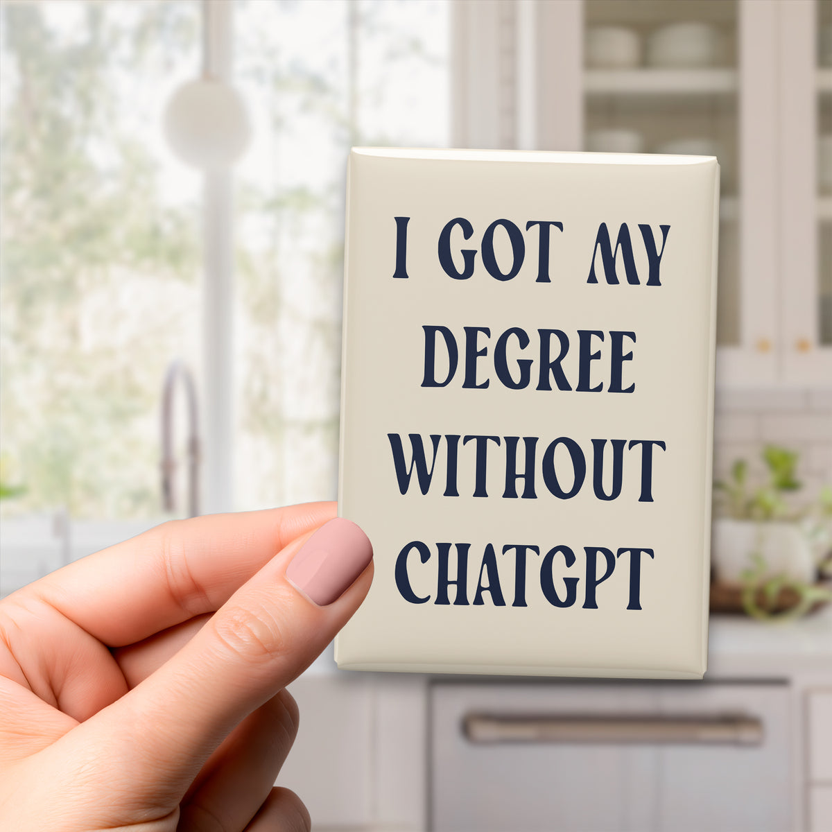 Hand holding the 2.5 × 3.5-inch “I got my degree without ChatGPT.” magnet in a kitchen