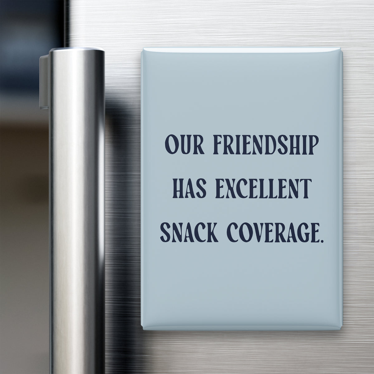 “Our friendship has excellent snack coverage.” quote magnet displayed on a refrigerator