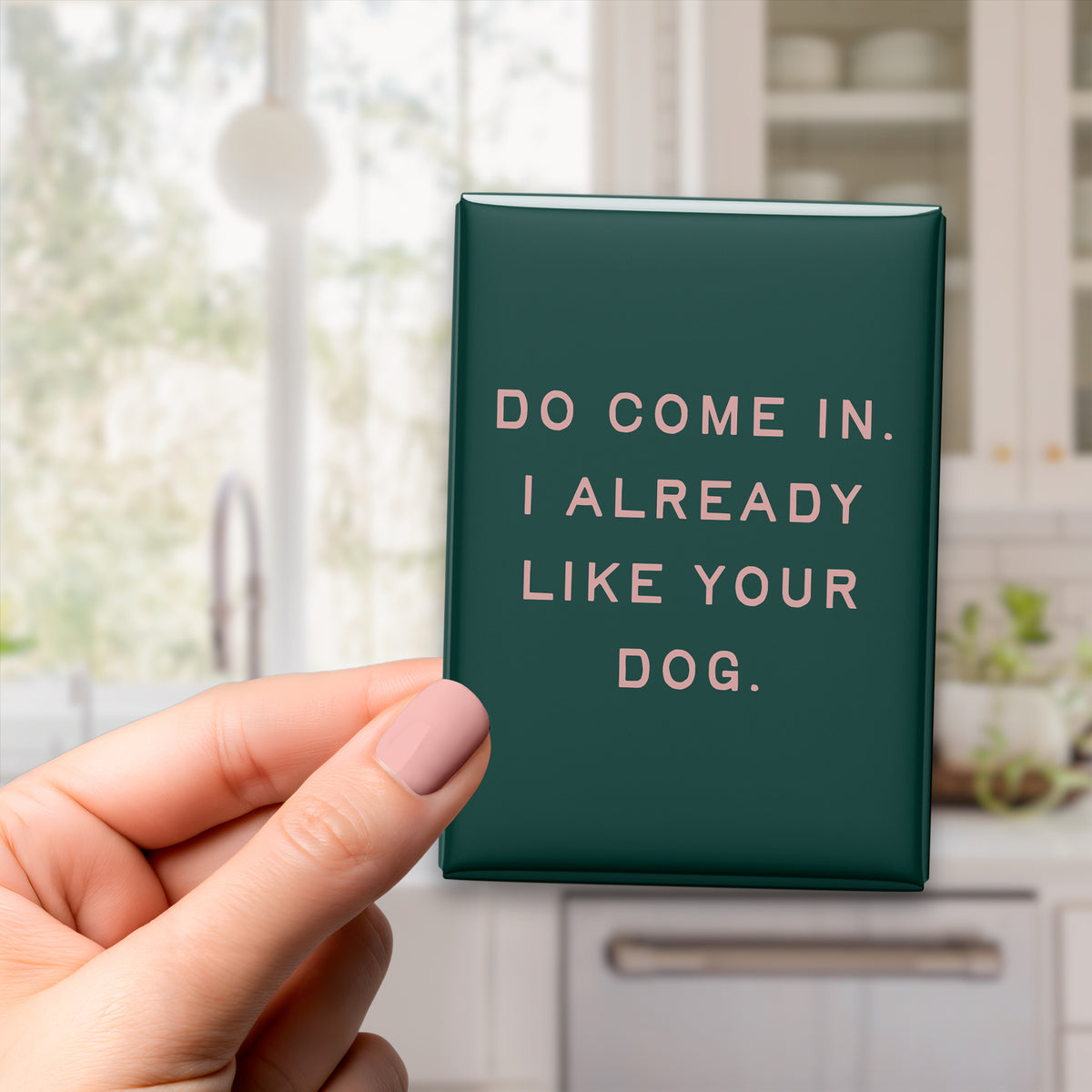 Hand holding the 2.5 × 3.5-inch “Do come in. I already like your dog.” magnet in a kitchen