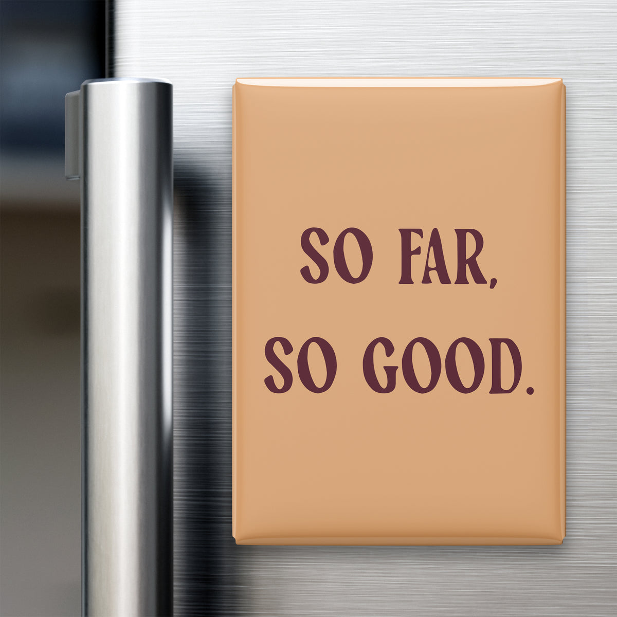 “So far, so good.” quote magnet displayed on a refrigerator