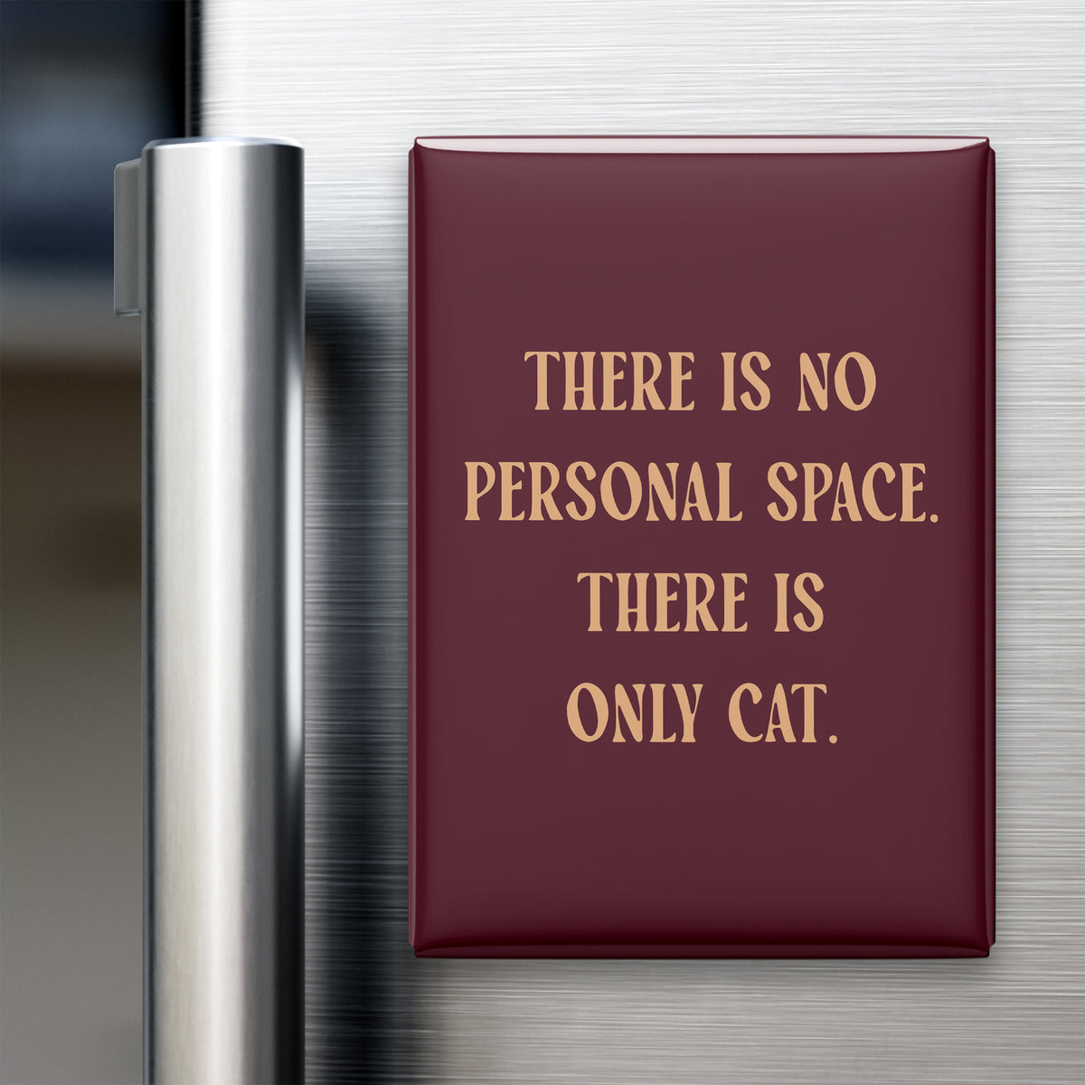 “There is no personal space. There is only cat.” quote magnet displayed on a refrigerator