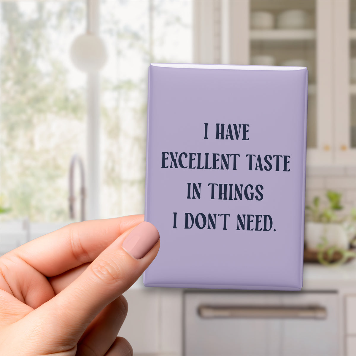 Hand holding the 2.5 × 3.5-inch “I have excellent taste in things I don't need.” magnet in a kitchen