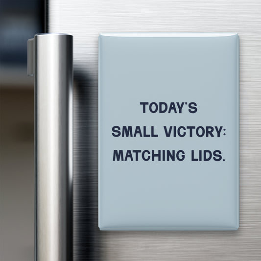 “Today's small victory: matching lids.” quote magnet displayed on a refrigerator