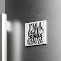 A white refrigerator magnet with the text "I'm a fall kinda girl" printed on it.