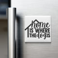 A white refrigerator magnet with the text "home is where the dog is" printed on it.