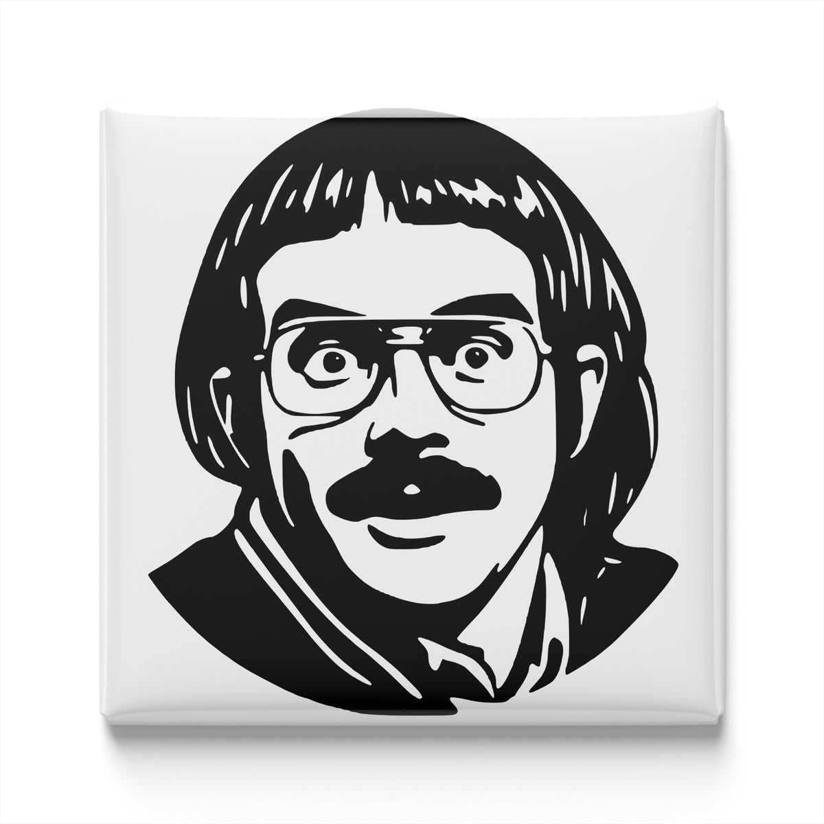 A black and white portrait of a man with glasses and a mustache.