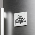 A white refrigerator door with a black and white sticker that says "HEY THERE PUMPKIN"