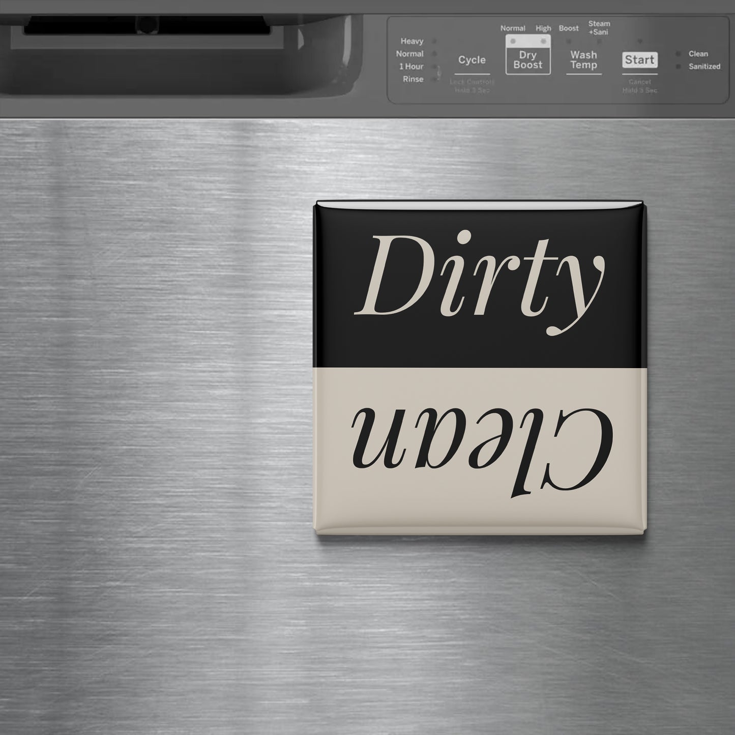 a black and white sign with the word "Dirty" written on it, placed on a metallic surface.