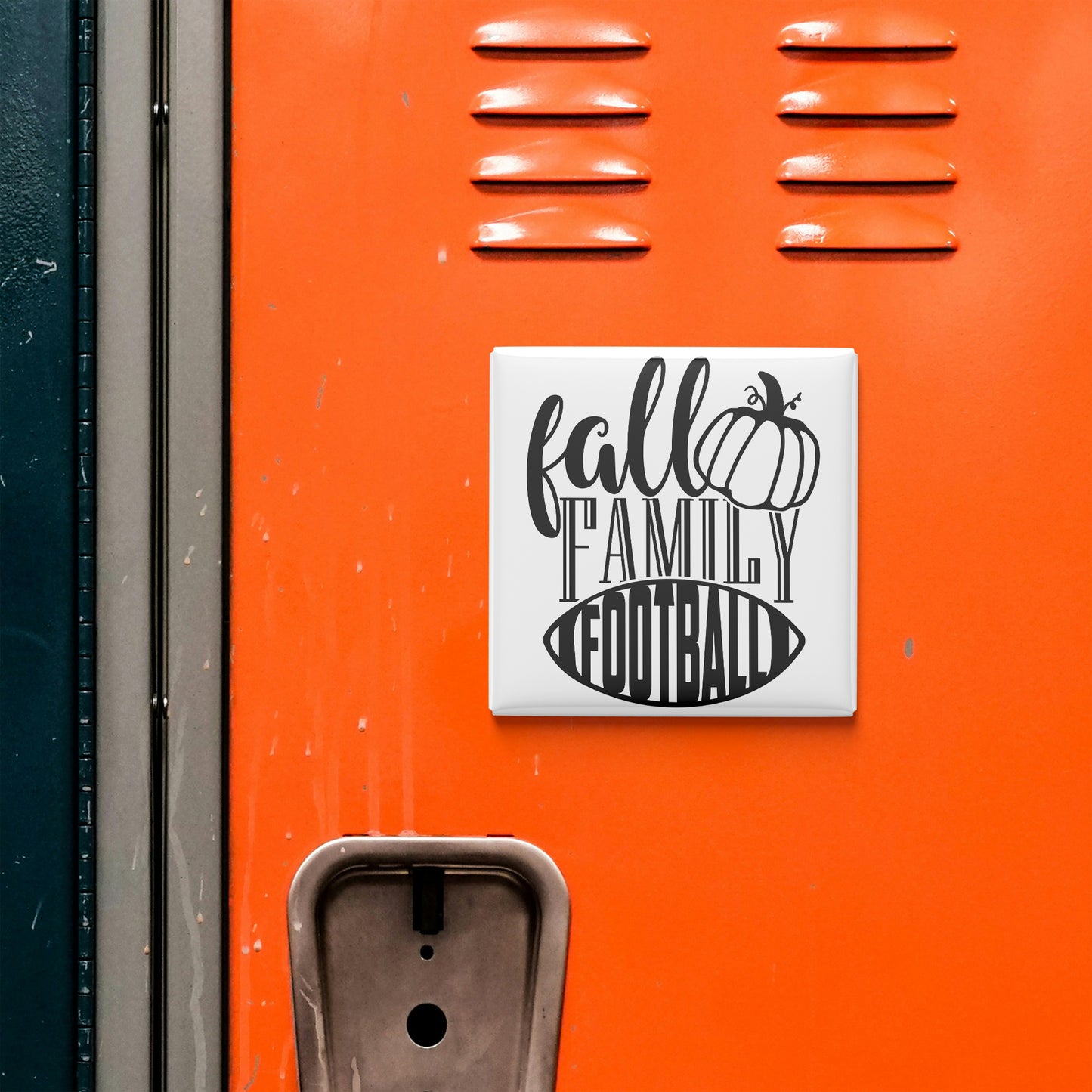 a vibrant orange locker with a white sign that reads "fall family football" attached to it.