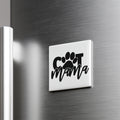 A white refrigerator door with a black and white sticker that says "Cat Mama".
