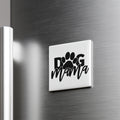 A white refrigerator with a black and white sticker that says "dog mama" on it.