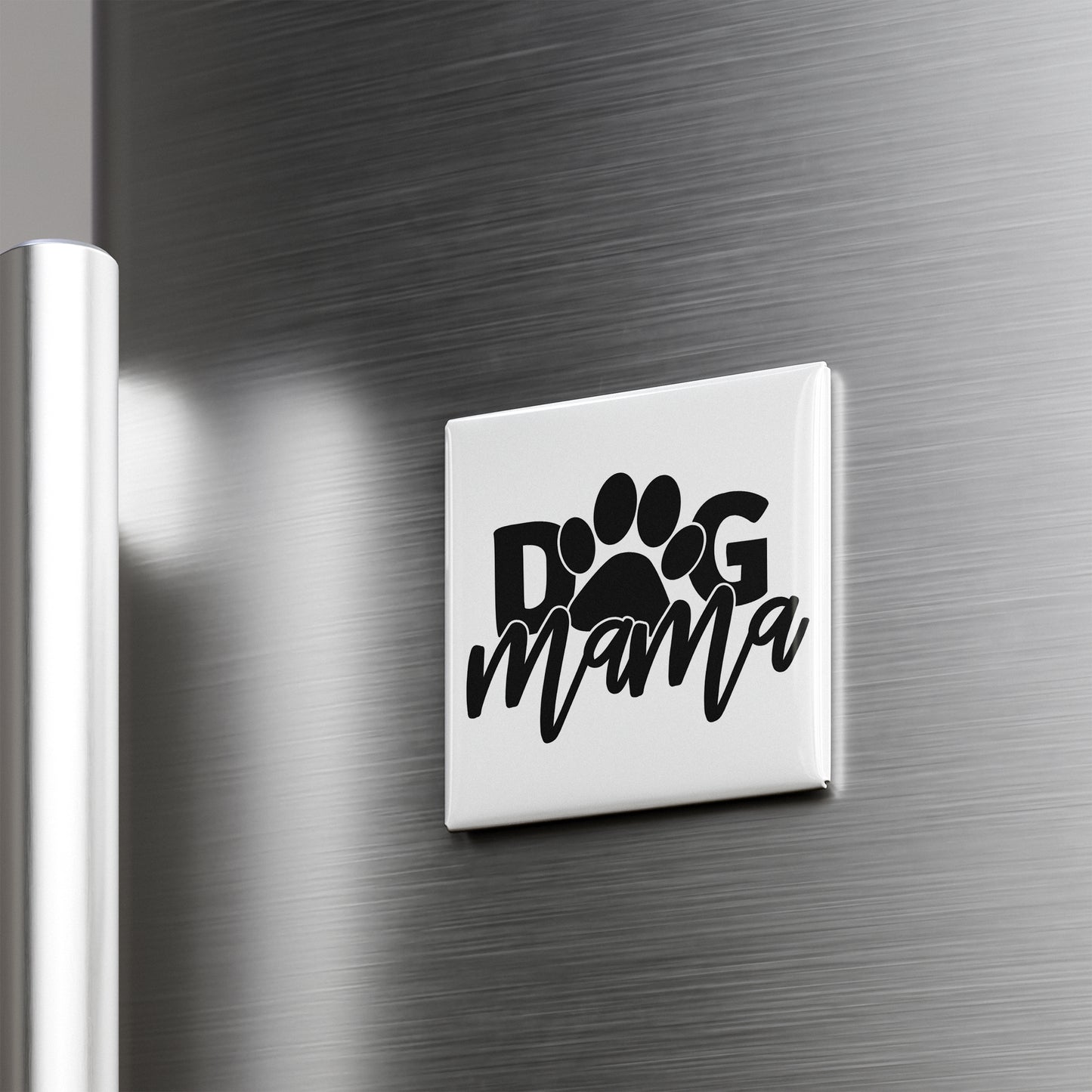 A white refrigerator with a black and white sticker that says "dog mama" on it.