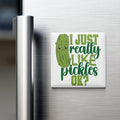 A humorous magnet on a refrigerator door that reads "I JUST REALLY LIKE PICKLES OK?" with a cartoon pickle face.