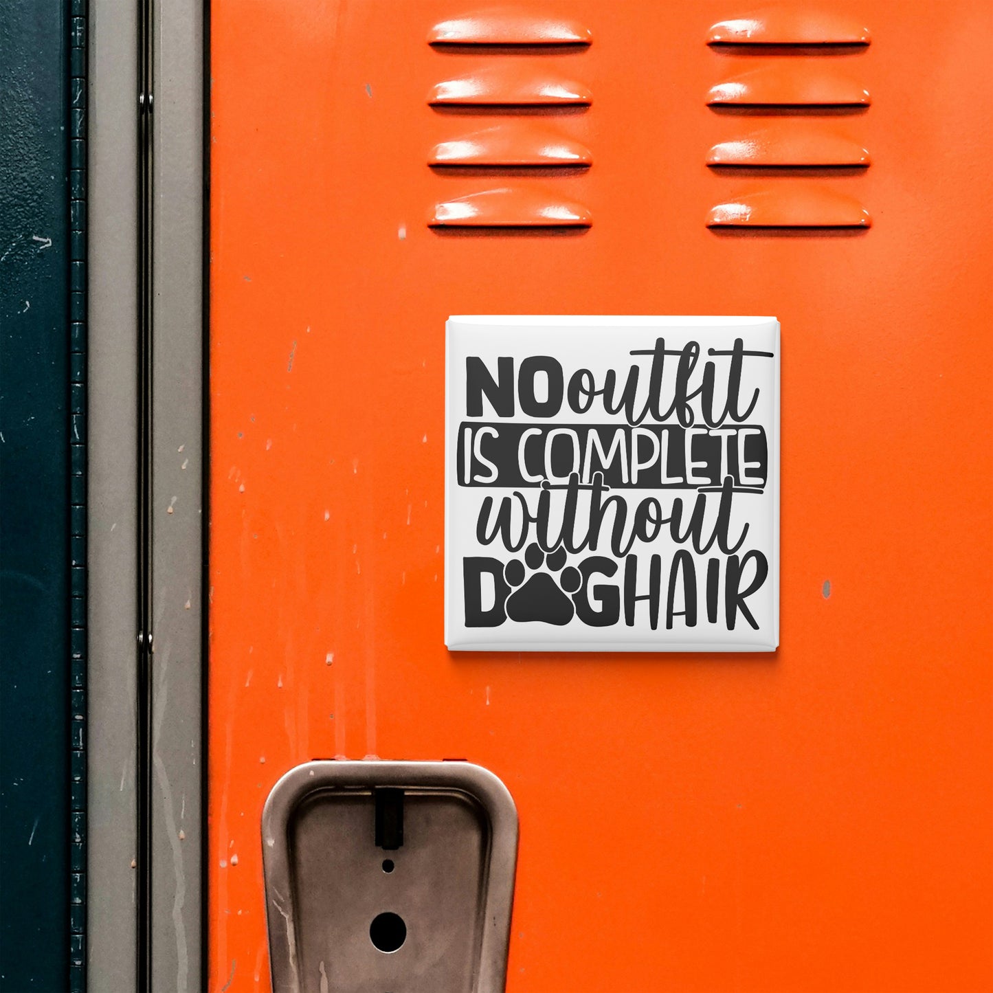 a sticker with the text "NO OUTFIT IS COMPLETE without DOG HAIR" on an orange surface, which appears to be a locker or a storage unit.