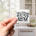 A person's hand holding a small square magnet with a humorous text that reads "Yes, I Really Do Need All These Cats".