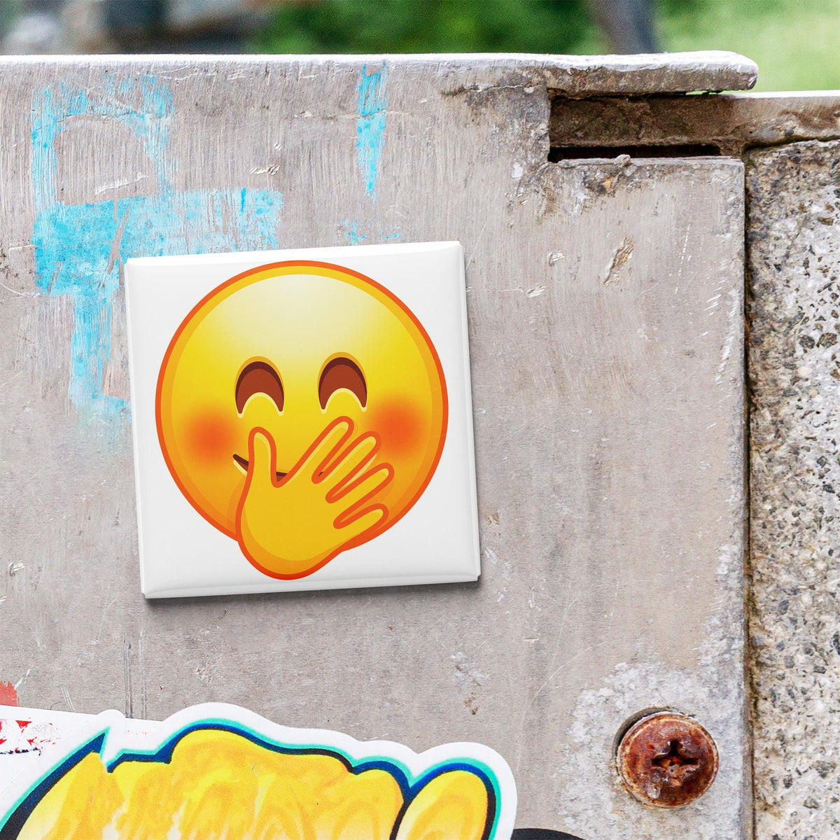 Face with Hand over Mouth and Smiling Eyes Emoji Magnet